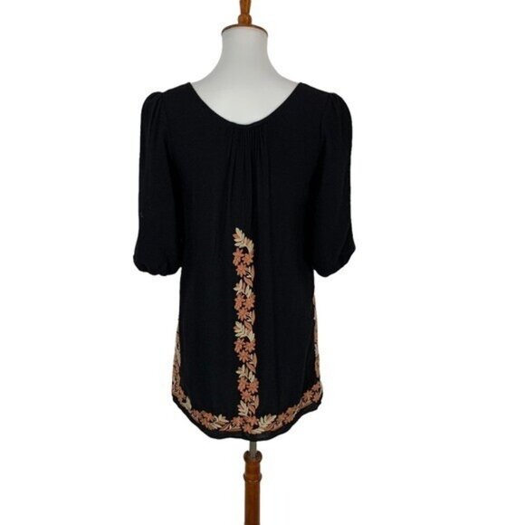 Theme Black Embroidered Boho Tunic Dress Small Floral Peasant Festival Retro - Picture 4 of 6